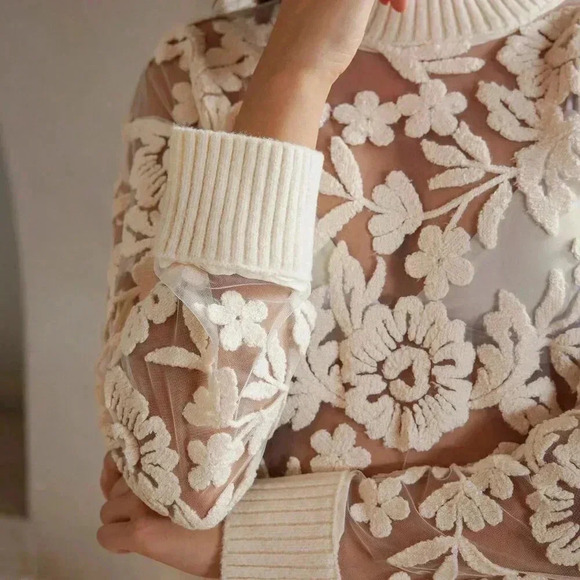 White Casual Women's Sexy Flower Jacquard Sheer Mesh Panel Sweater - Picture 7 of 7